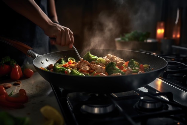 Handen bereiden een gezonde roerbakmaaltijd in een moderne keuken met kleurrijke groenten en een sissende pan