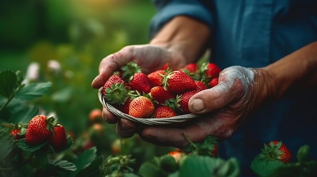 Handen die aardbeien vasthouden oogstconcept