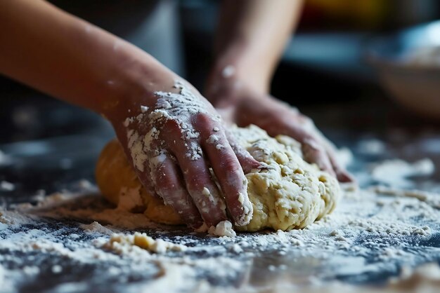 Handen die deeg kneden op een houten tafel in een bakkerij