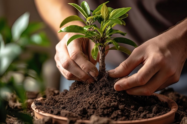 Handen die een binnenplant in een bloempot transplanteren