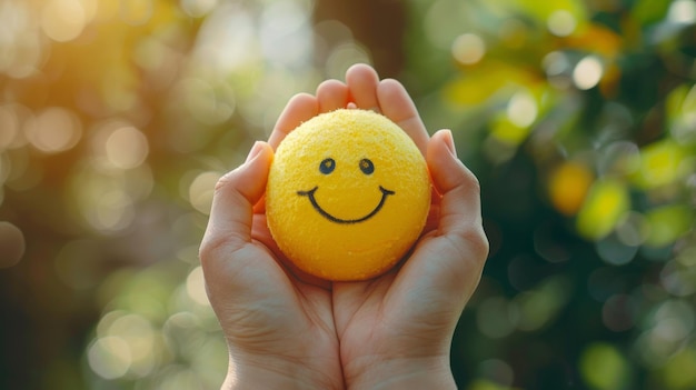 Handen die een gele glimlach vasthouden, gezichten die positief denken, beoordeling van de geestelijke gezondheid Werelddag van de mentale gezondheid
