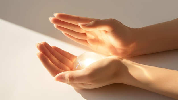 Handen die een gloeiende bol met een zacht licht zachtjes vasthouden