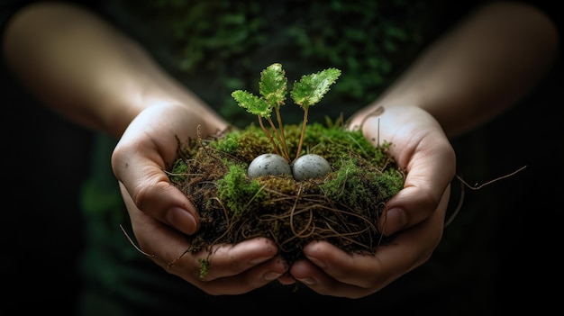 Handen die een groene aarde wiegen terwijl plantenspruiten tevoorschijn komen