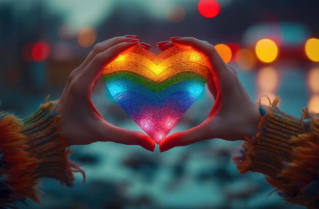 Foto handen die een hart vasthouden in regenboogkleuren