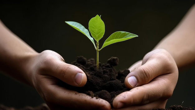 Handen die een kleine plant vasthouden met het woord boom erop