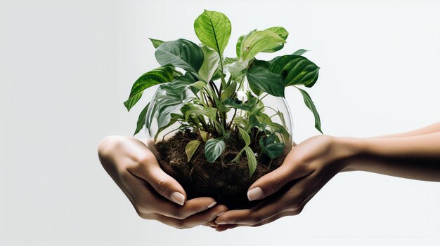 Foto handen die een plant op een transparante achtergrond vasthouden