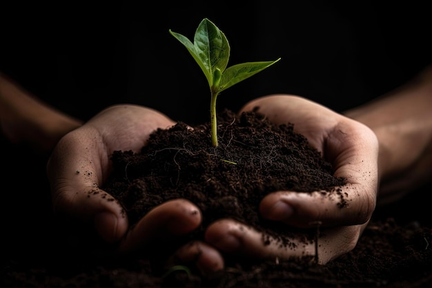 Handen die een plant vasthouden met groen gaan