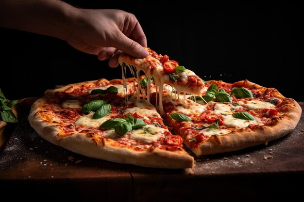 Handen die een stukje Margherita-pizza vasthouden met een wazige achtergrond