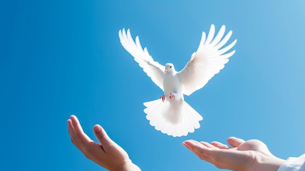 Handen die een witte duif in een blauwe hemel vrijgeven Concept vredeshoop Generatieve AI