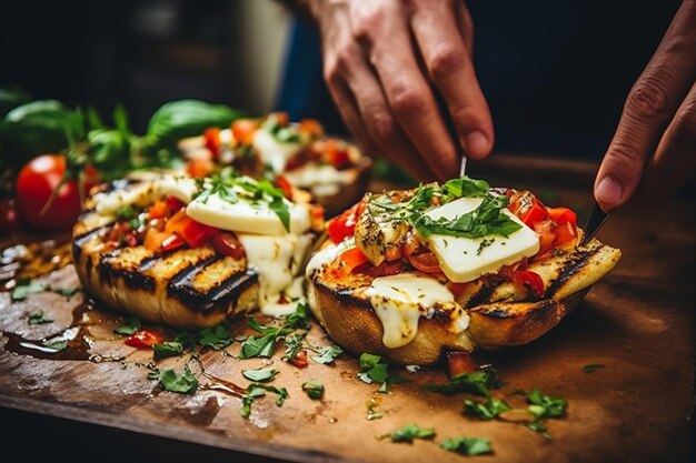 Foto handen die gegrilde garnalen op avocado bruschetta rangschikken