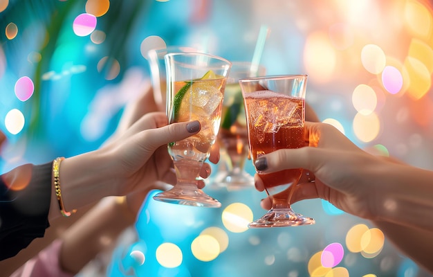 Foto handen die glazen met cocktails vasthouden, mensen die juichen met glazen op een pastel bokeh achtergrond