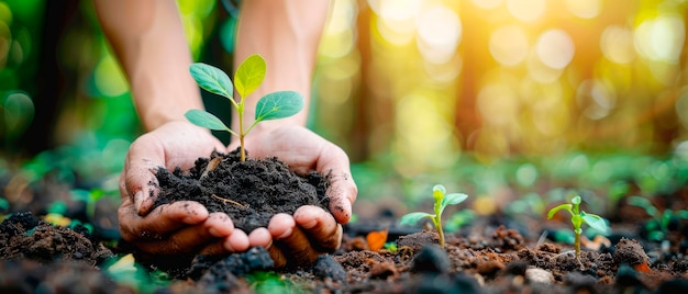 Handen die grond vasthouden met een jonge plant die groei en milieubescherming symboliseert tegen een vervaagde natuurlijke achtergrond Generatieve AI