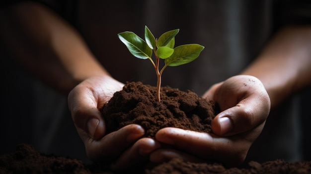 Handen die grond vasthouden met nieuwe planten natuur groene aarde ecologie concept Genereren AI-beeld