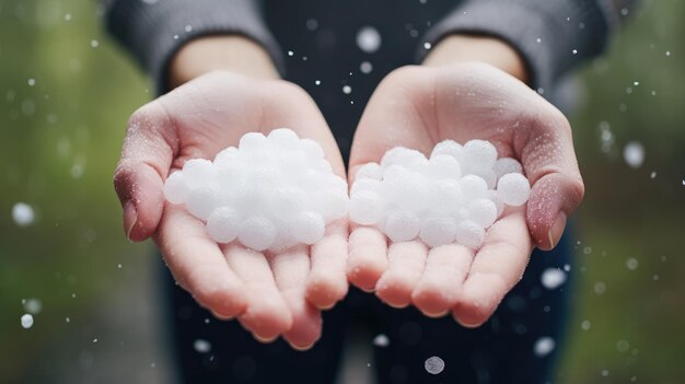 Handen die hagelstenen vasthouden na een storm