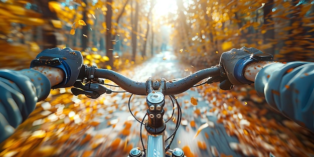 Handen die het stuur van een fiets vasthouden terwijl ze door het herfstpark rijden