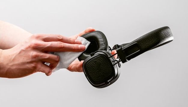 Handen die hoofdtelefoonpads schoonmaken met antibacteriële wisser met natte doek