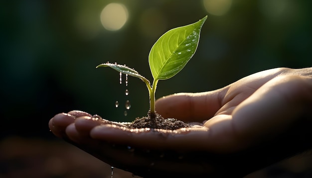 Handen die jonge planten houden