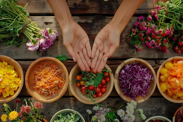 Handen die kersentomaten op een rustieke tafel met schalen met bloemen en vers gesneden vegetatie opnemen