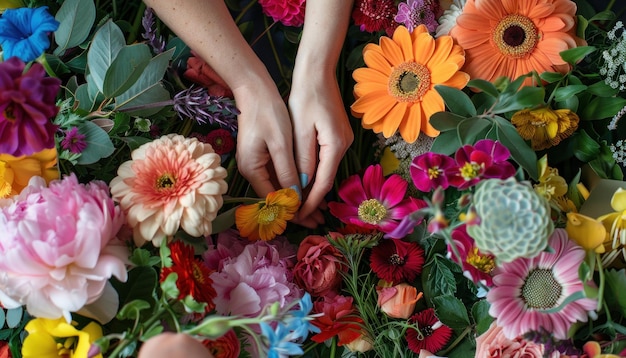 Handen die kleurrijke bloemen op een levendige bloemenachtergrond rangschikken