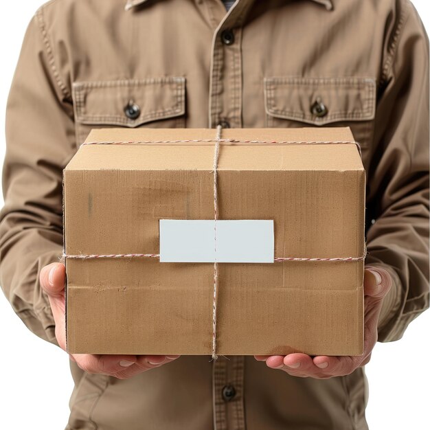 Handen die pakket vasthouden close-up kartonnen doos op witte achtergrond mock-up van het concept van de bezorgdienst