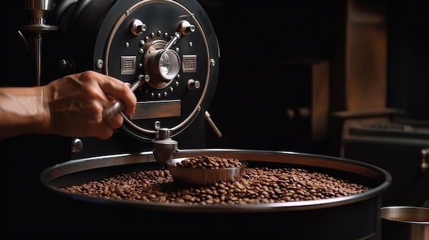 Handen die vers geroosterde aromatische koffiebonen vasthouden Generatieve Ai