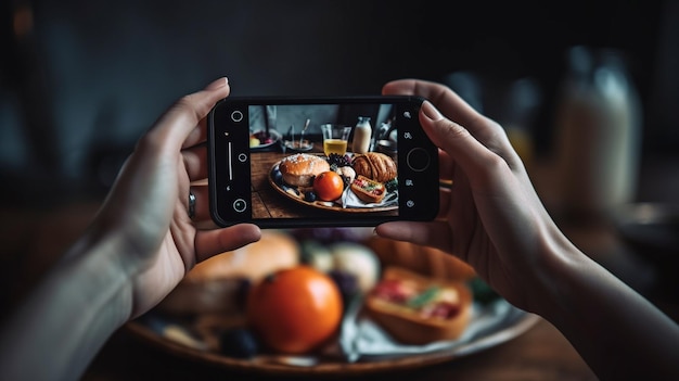 Handen die voedsel fotograferen op een telefoon Generatieve AI