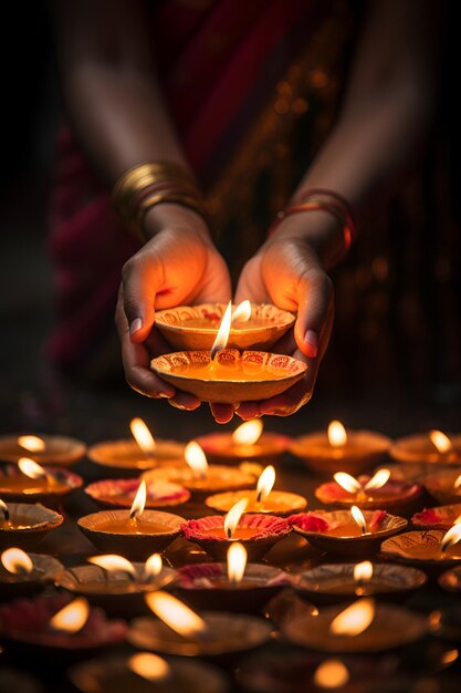 Handen die zorgvuldig de Diwali diyas verzorgen die de essentie van het Festival of Lights en zijn spirituele betekenis belichamen