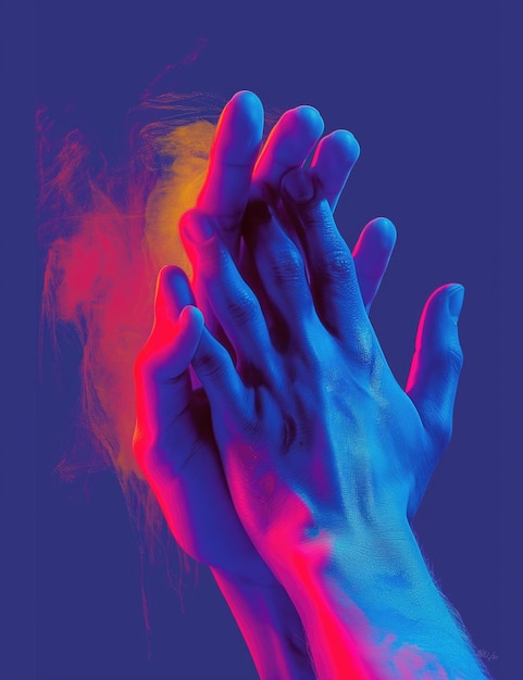 Handen gebaar in neonlicht Abstracte artistieke compositie Helder levendige vet kleuren Surrealistische collage kunstwerk Geïsoleerde donkere achtergrond surrealisme creatief behang