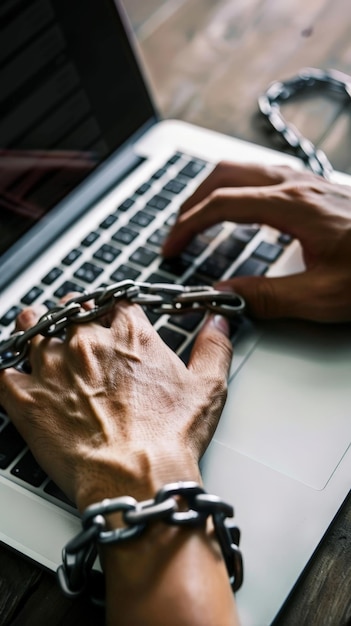 Handen gebonden met kettingen aan de polsen typen op laptop toetsenbord ar 916 stijl rauw stylize 50 Job ID 523e98985ba34e7d999979ed8848343