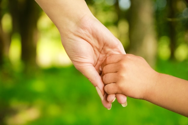 Handen Gelukkige ouders en kind buiten in het park