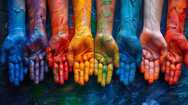 Handen geschilderd in verschillende kleuren op een kleurrijke achtergrond Kunstconcept