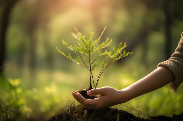 Handen houden een jonge plant vast op een groene natuurlijke achtergrond Generatieve AI 3