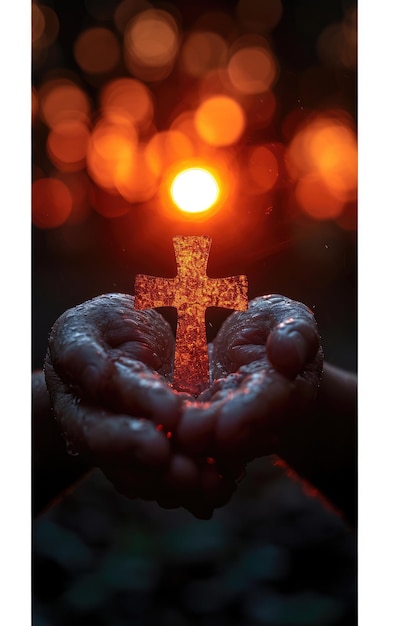 Foto handen houden een kruisbeeld vast, een gelovige bidt met zijn armen gekruist jezus christus goddelijk licht uit de hemel