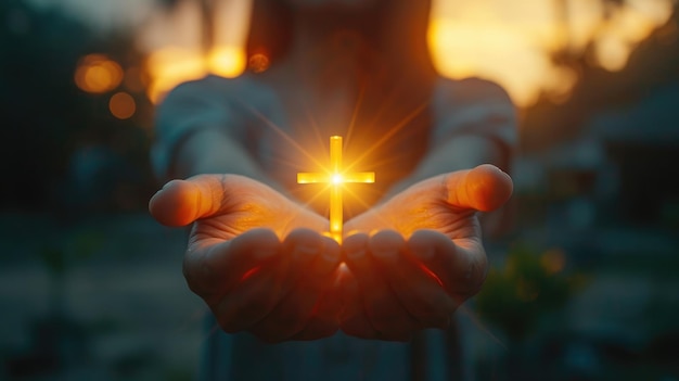 Handen houden een kruisbeeld vast, een gelovige bidt met zijn armen gekruist Jezus Christus goddelijk licht uit de hemel