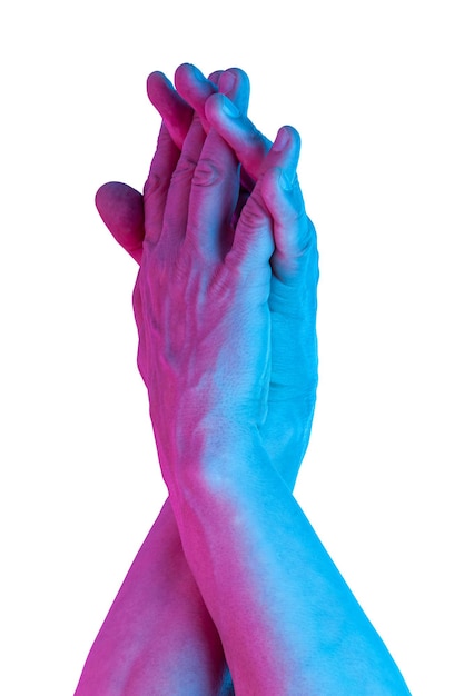 Handen in een surrealistische stijl in violetblauwe neonkleuren. Modern psychedelisch creatief element met menselijke palm voor posters, banners, behang. Ruimte voor tekst kopiëren. Tijdschrift stijlsjabloon. Pop-art cultuur.