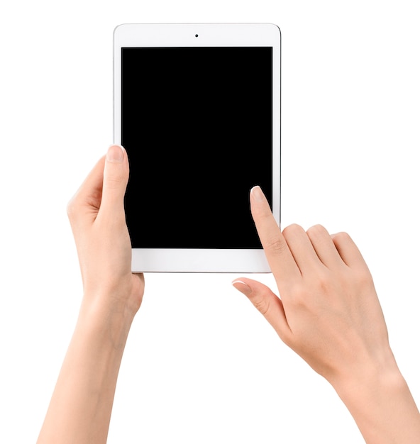 Handen klikken op het tablet pc-scherm. geïsoleerd op witte muur