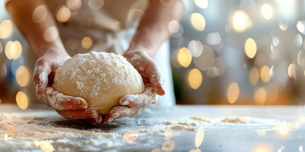 Handen kneten pluizige deeg Huismoede bakken Huismoede brood maken achtergrond met kopieerruimte