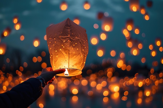 handen lanceren een Chinese papieren traditionele lantaarn in de nachtelijke hemel