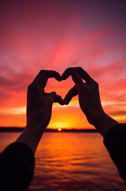 Foto handen maken hartvorm samen als zonsondergang voor het water in de stijl van tokina atx 1116m