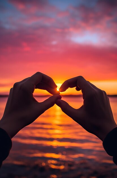 handen maken hartvorm samen als zonsondergang voor het water in de stijl van tokina atx 1116m