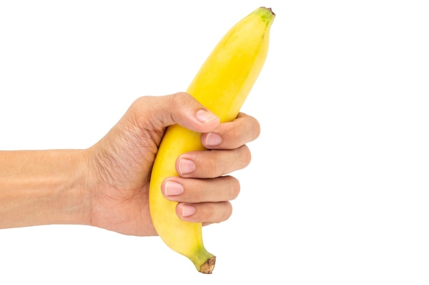 Handen mannen houden bananen op een witte achtergrond