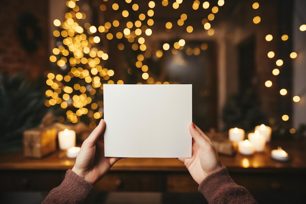 Handen met een blank papier met kerstboomverlichting.