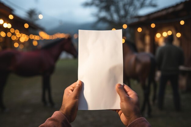 Handen met een blank papier met kerstboomverlichting.