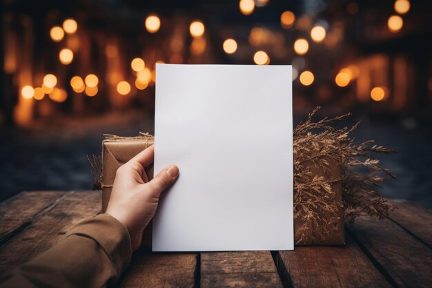 Handen met een blank papier met kerstboomverlichting.