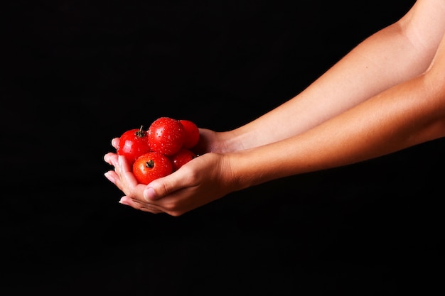 Handen met een bos van rode tomaten