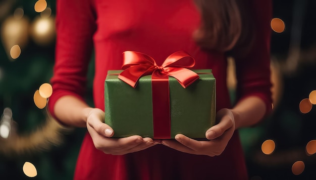 Handen met een groen cadeau met een lint op oudejaarsavond of Kerstmis