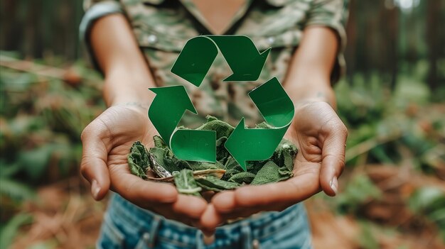 Handen met een groen recycle-symbool in een bosomgeving