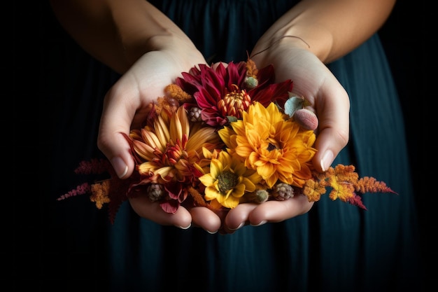 Handen met een handvol bloemen in oranje en roodachtige tinten