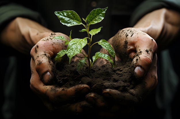 Handen met een jonge groene plant met aarde op een donkere achtergrond