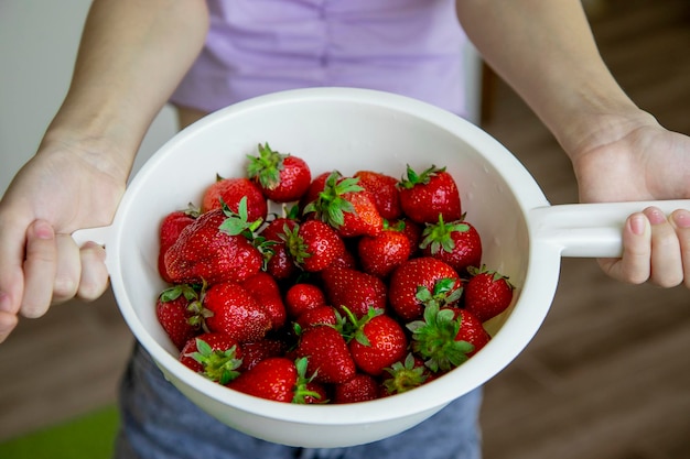 handen met een kopje aardbeien